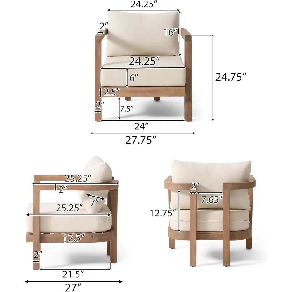 Set of 2 Acacia Wood Outdoor Club Chairs with Tub Shape and Slat Panel, Cushioned for Patio, Garden, Balcony, Brown Wash+Beige