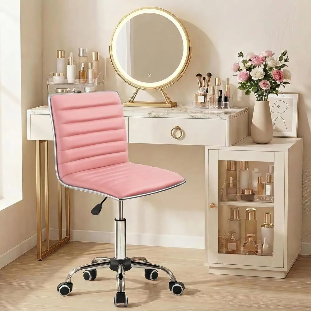 

ArmlVanity Oice Chair with Wheels, Small Cute Makeup Desk Chair Ribbed Leather Swivel Computer Task Chair (Pink)