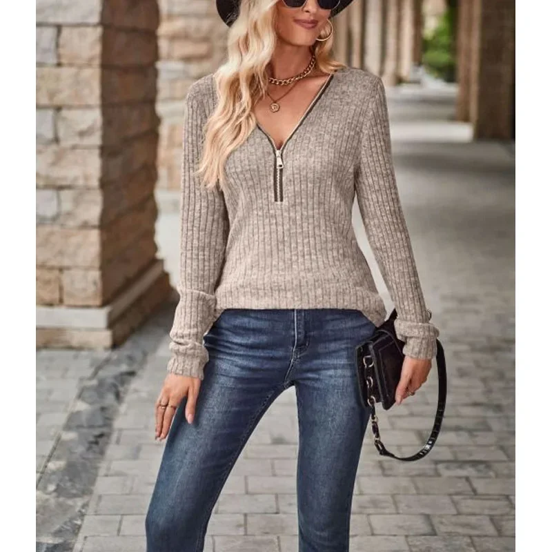 2023 New Autumn Fashion Solid Color Pit Striped Brushed V-Neck Panel Zipper Long Sleeve Temperament Women's Casual Sweater