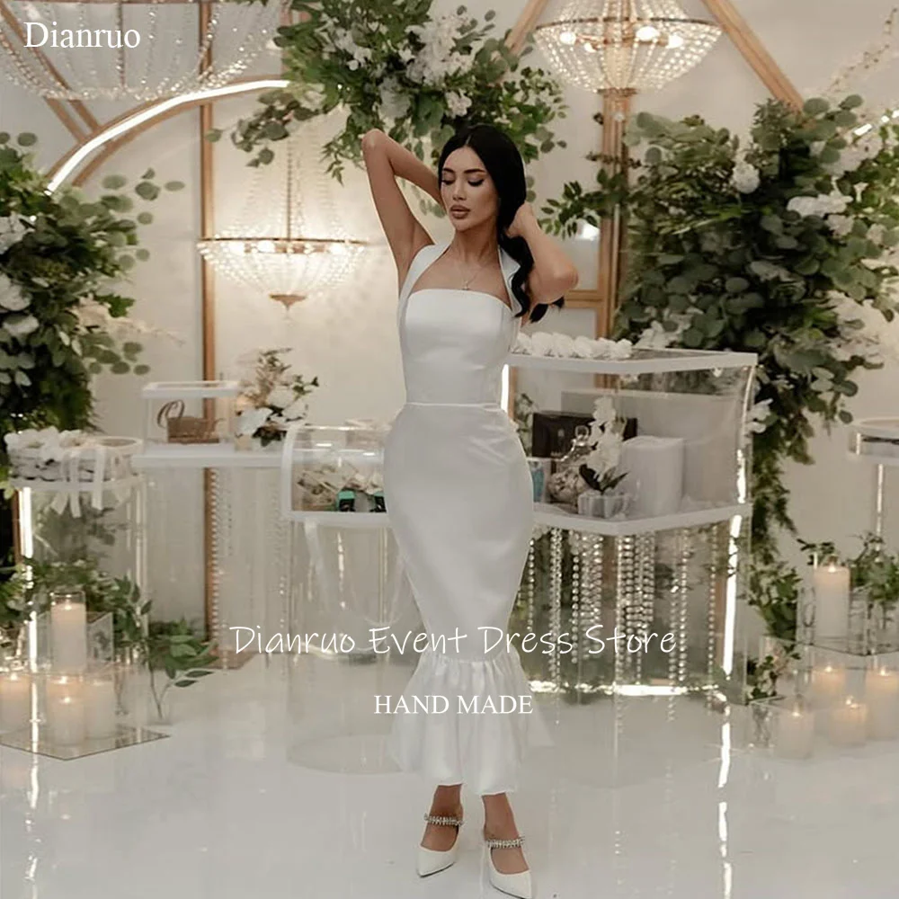 

Dianruo Mermaid Halter Wedding Dresses Simple Sleeveless Evening Dresses Satin Ruffles Vestidos De Novia Boda Civil Customized