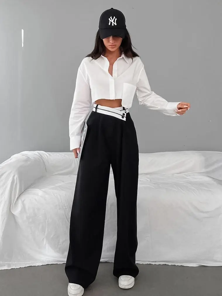 JHJN Niche Design Pants Casual Pants Versatile Wide Leg Pants Color Blocking Black Trousers Street Floor Pants Luxury Brand