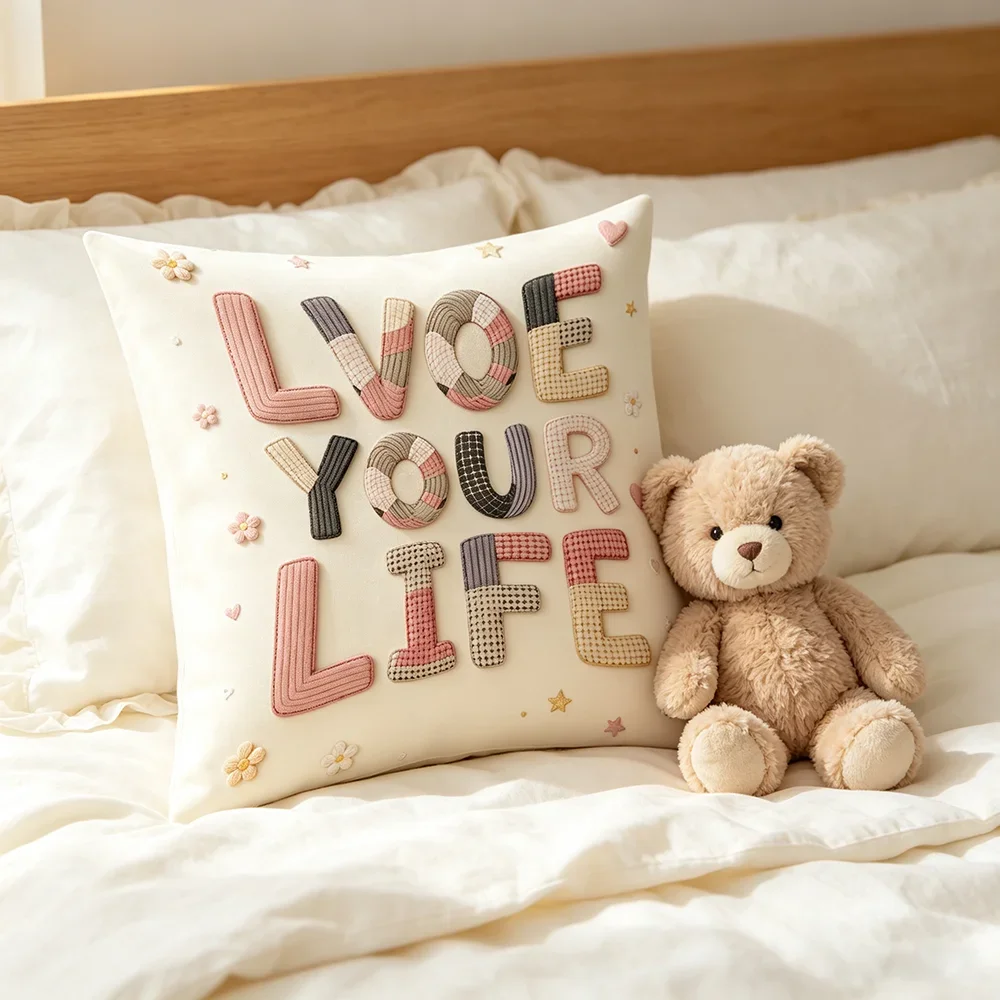 1PC Digital Print Pillow Cover, Embroidery Style Love Your Life Lettering, Pastel Floral Cushion Case for Girls Bedroom Decor