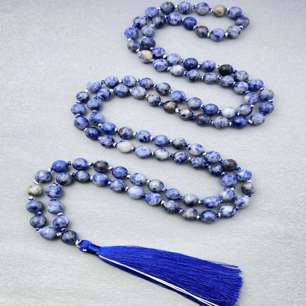 

Natural Sodalite 108 Beads Mala Necklace with Royal Blue Tassel Spiritual Jewelry