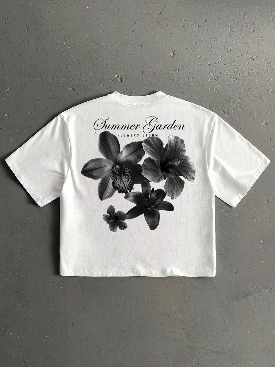 Men's Ink Floral Handwritten Font Casual Print Standard Fit Cropped Loose Short Sleeve T-Shirt,Black and White,Summer,Streetwear