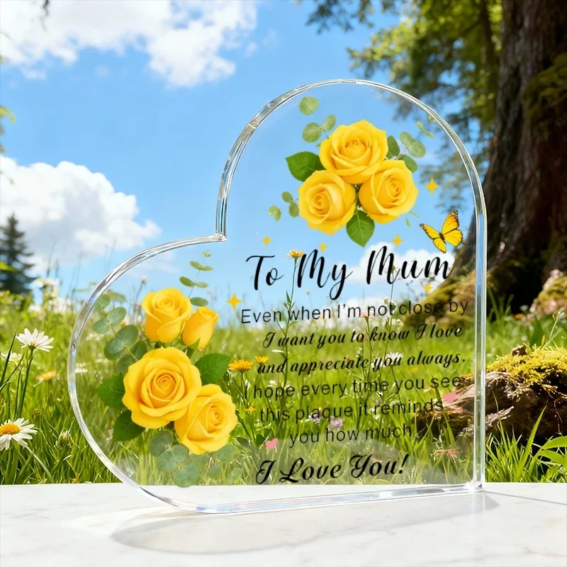 To My Mum Heart‑Shaped Acrylic Plaque, Yellow Rose Butterfly Sentimental Keepsake Gift for Mom