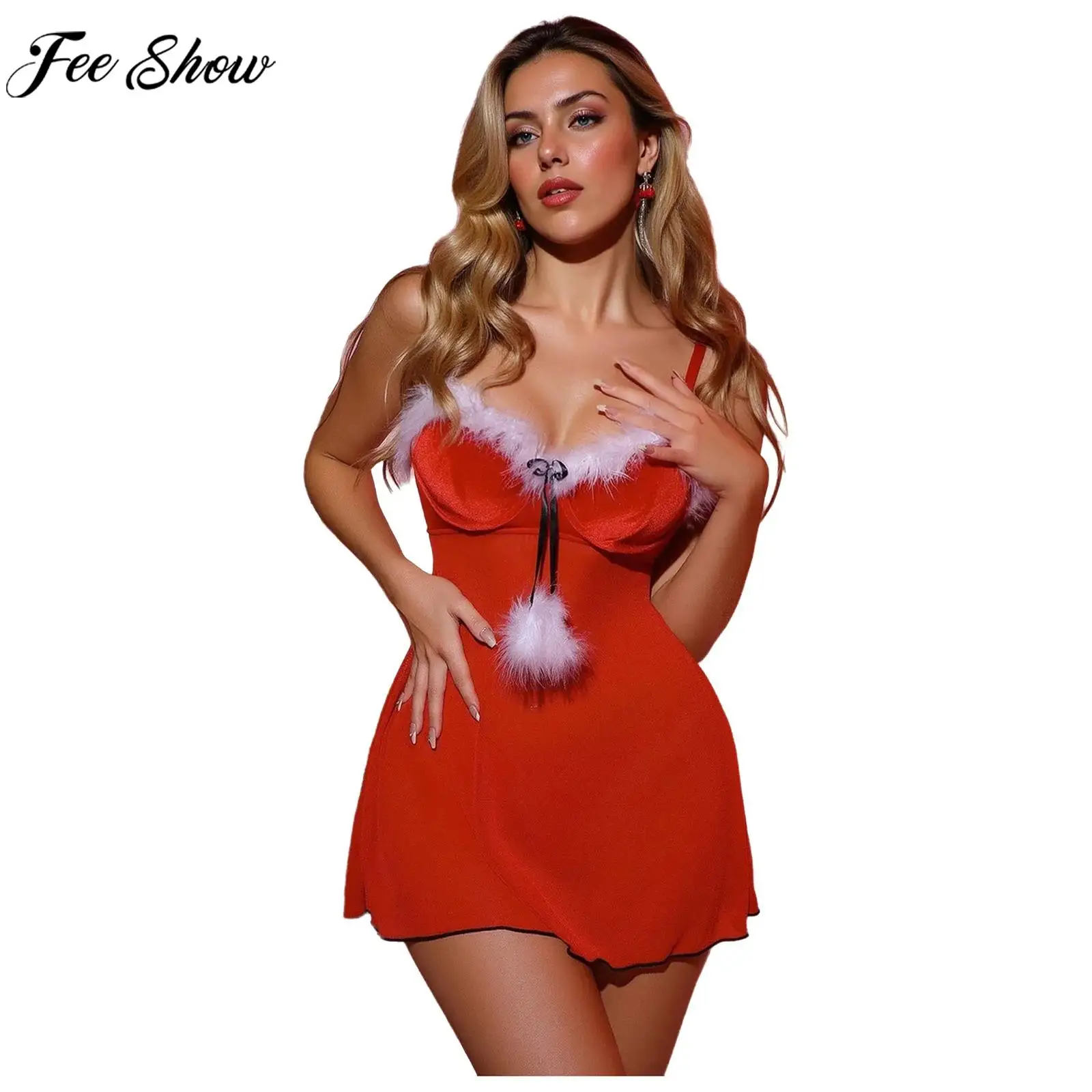 

Women Christmas Sexy Lingerie Set Velvet Push Bra Sheer Mesh Hem Pompom Sleep Dress with Thong for Xmas Dating Nightwear Party