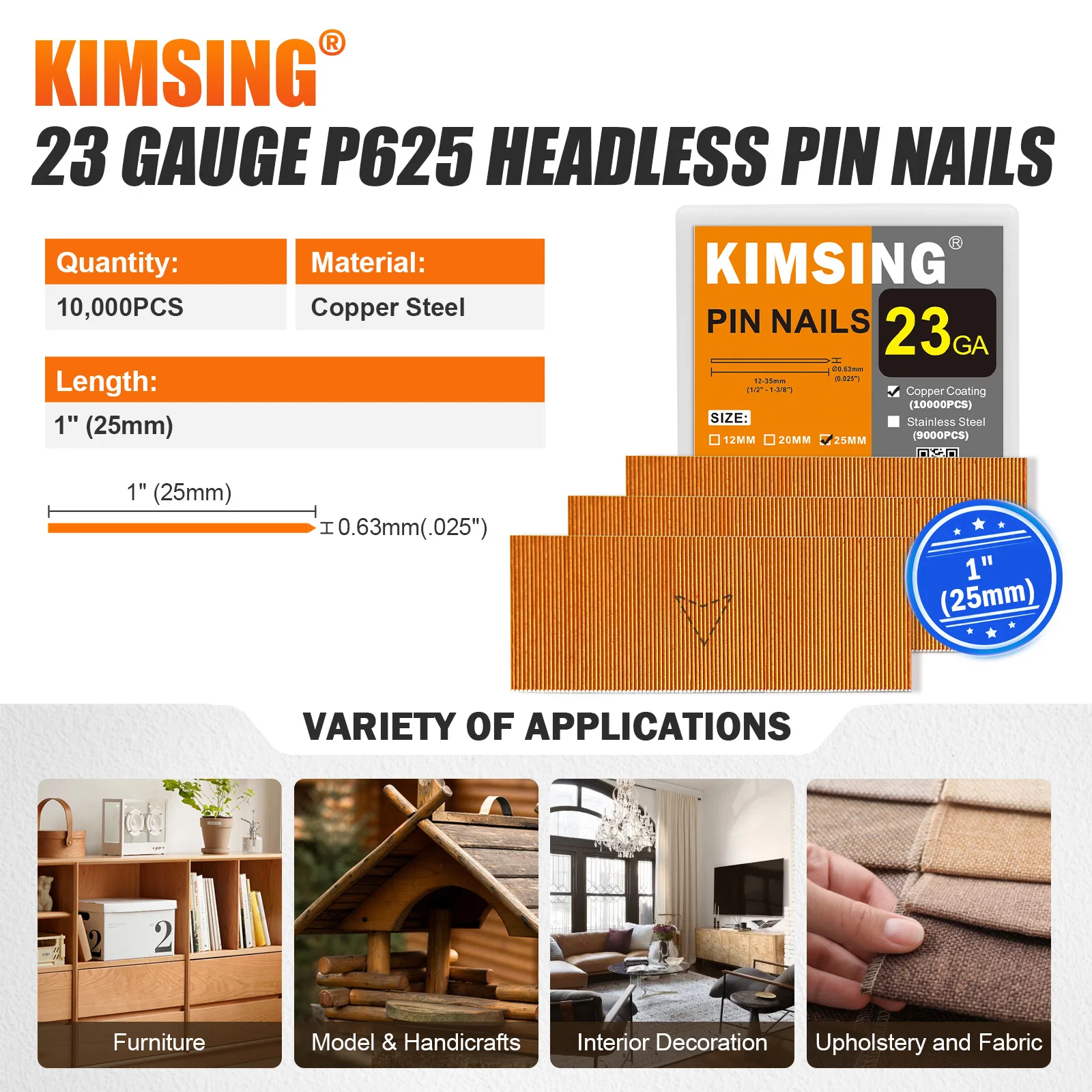 KAMSING P625 P625SS Headless Pin Nails, 23 Gauge 25mm Leg Length, Pin Fasteners for Pin Nailer ,Headless Pin Nailer,Cabinet