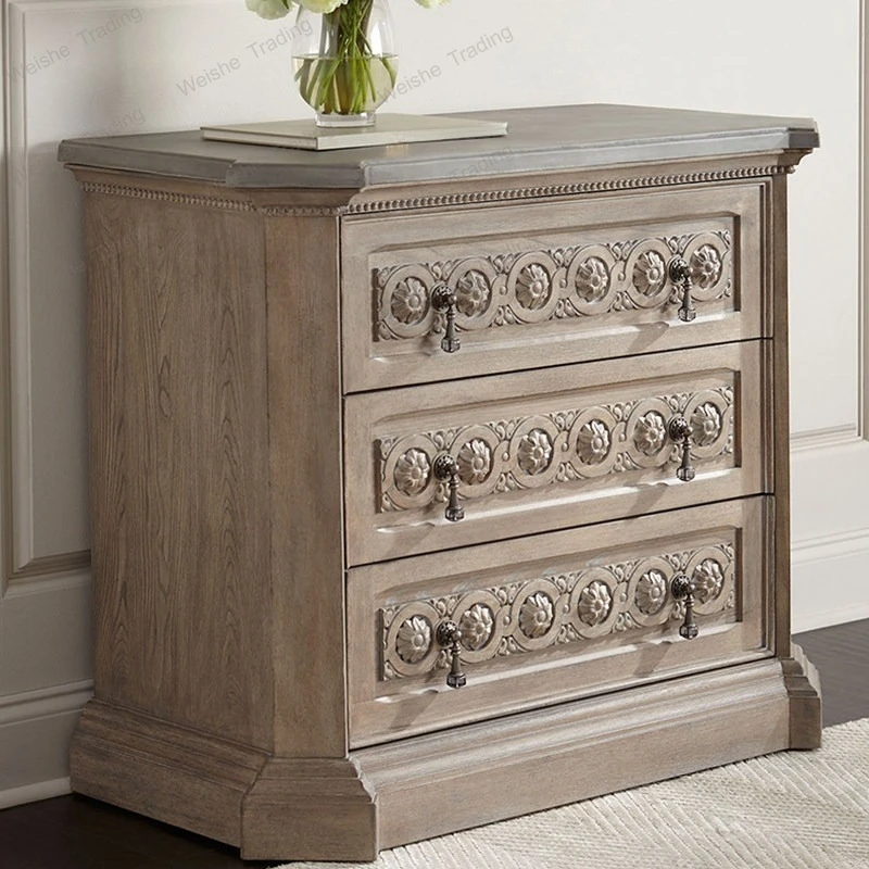 Furniture custom bedside table all solid wood bedroom American retro old carved weathered gray bedside table
