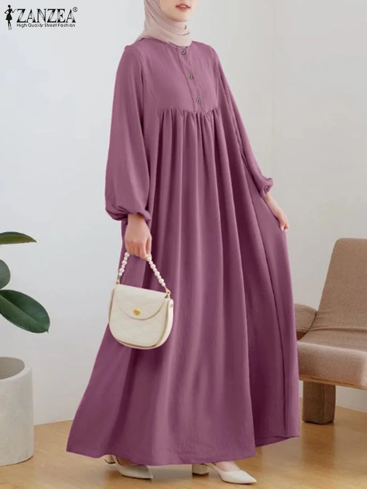 2024 ZANZEA Women Autumn Fashion Solid Dubai Turkey Maxi Sundress Islamic Clothing Vintage O Neck Long Sleeve Muslim Abaya Dress