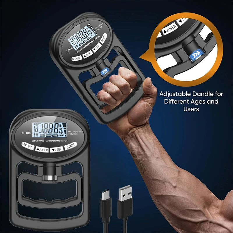 Digital Grip Strength Tester 265Lbs/120Kg LCD Precision Grip Meter USB Hand Exerciser for Hand Strength Training Exercise