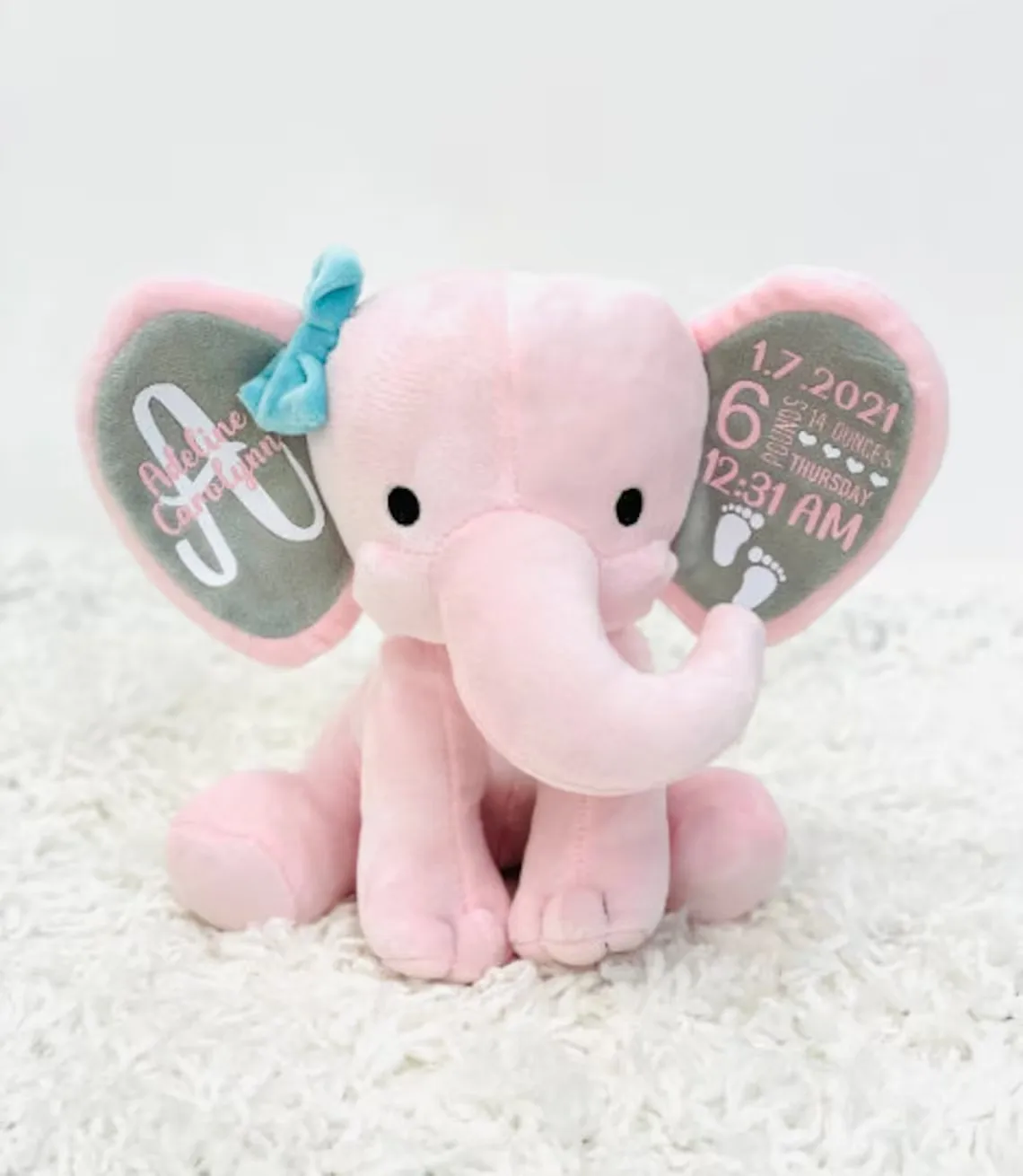 personalized elephant, stuffed animal gift, baby shower gift, newborn gift, new baby gift, birth announcement, baby gift, welcom