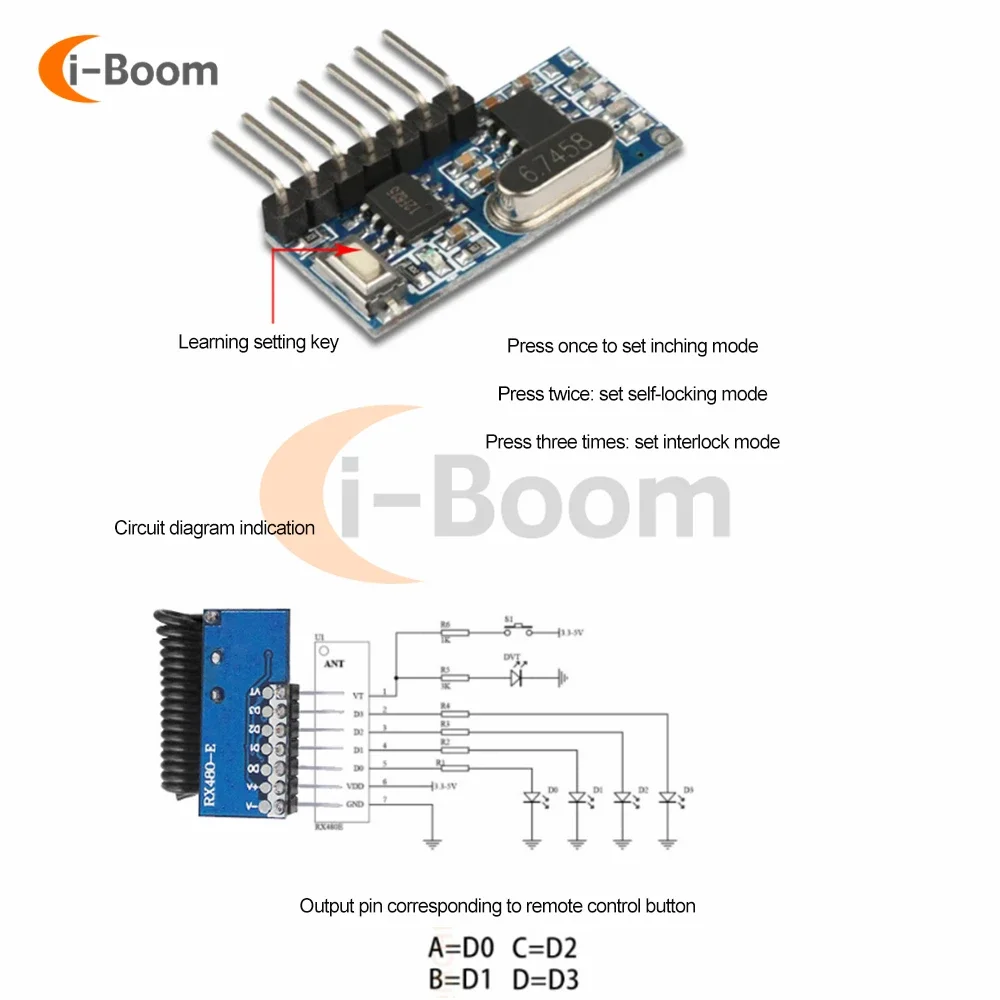 DC 3.3~5V 315mhz/433mhz Wireless Receiver Module Remote Switch Adapter EV1527/PT2262 Wireless Decoder Module EV1527 Programmable
