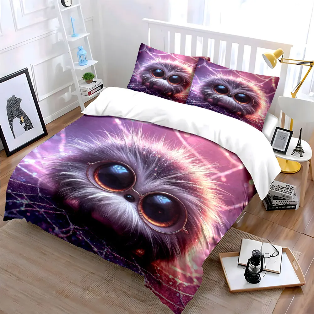 Fluffy spider with glasses, dreamy background Print Bedding Set 1 Duvet Cover 2 Pillowcases for Adult and Children Luxury Gift