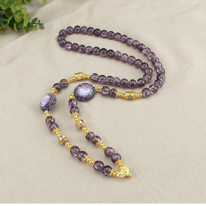 Tangka Anhänger Glas Imitation Amethyst Rosa Perle Frauen Mode Universal Haken Kette Halsketten Schmuck – Detail 3