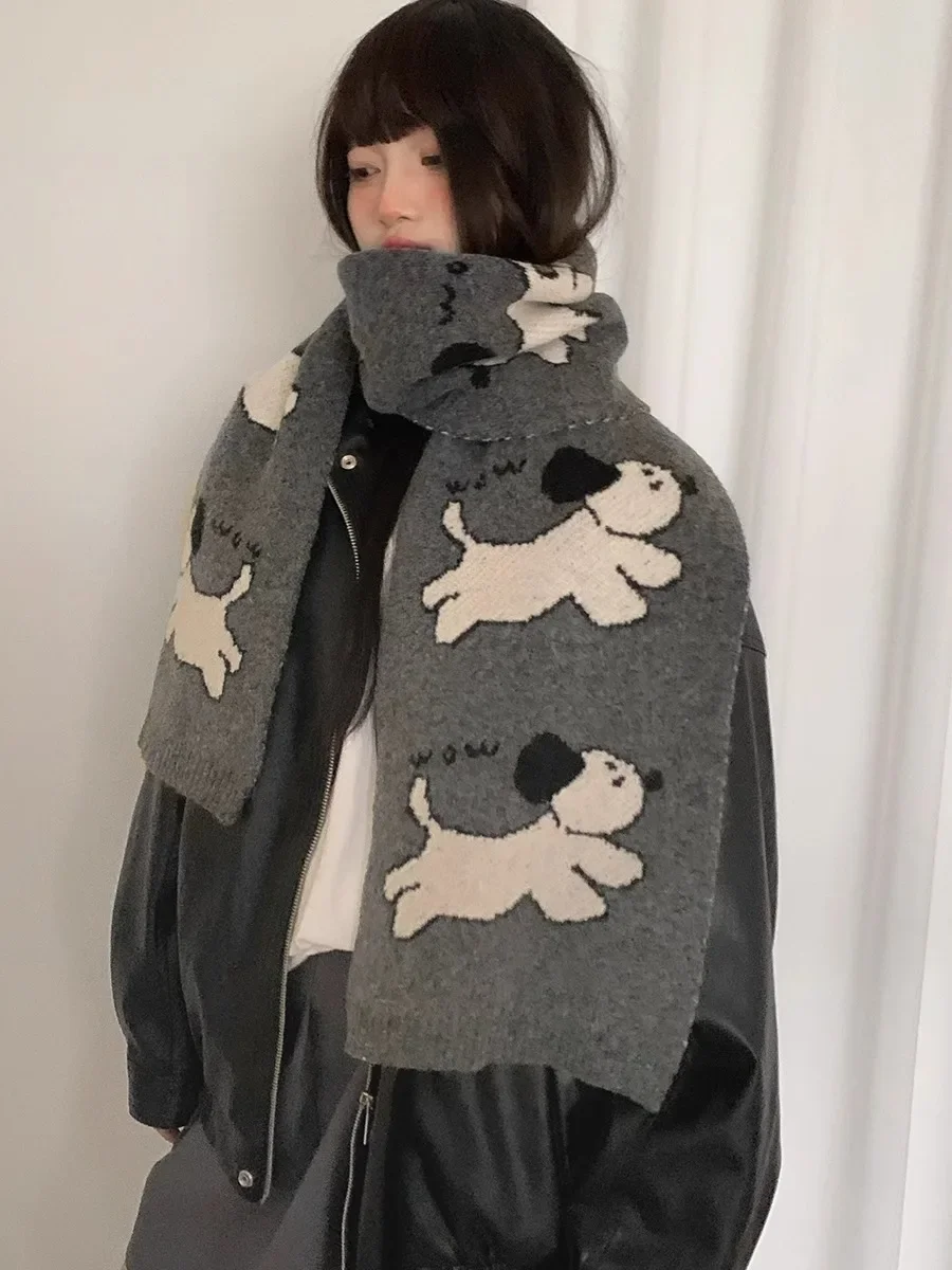 

Cute Cartoon Small Dog Wool Blend Knit Scarf For Women Autumn And Winter Korean version Warm Neck Scarf Anti-Cold Gray