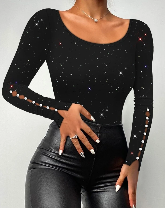 Women's Tee Tops Solid Color Glitter Scoop Neck Long Sleeve Beaded Decor Top Slim Fit Hollow Out Elastic Skinny Blouse Tee