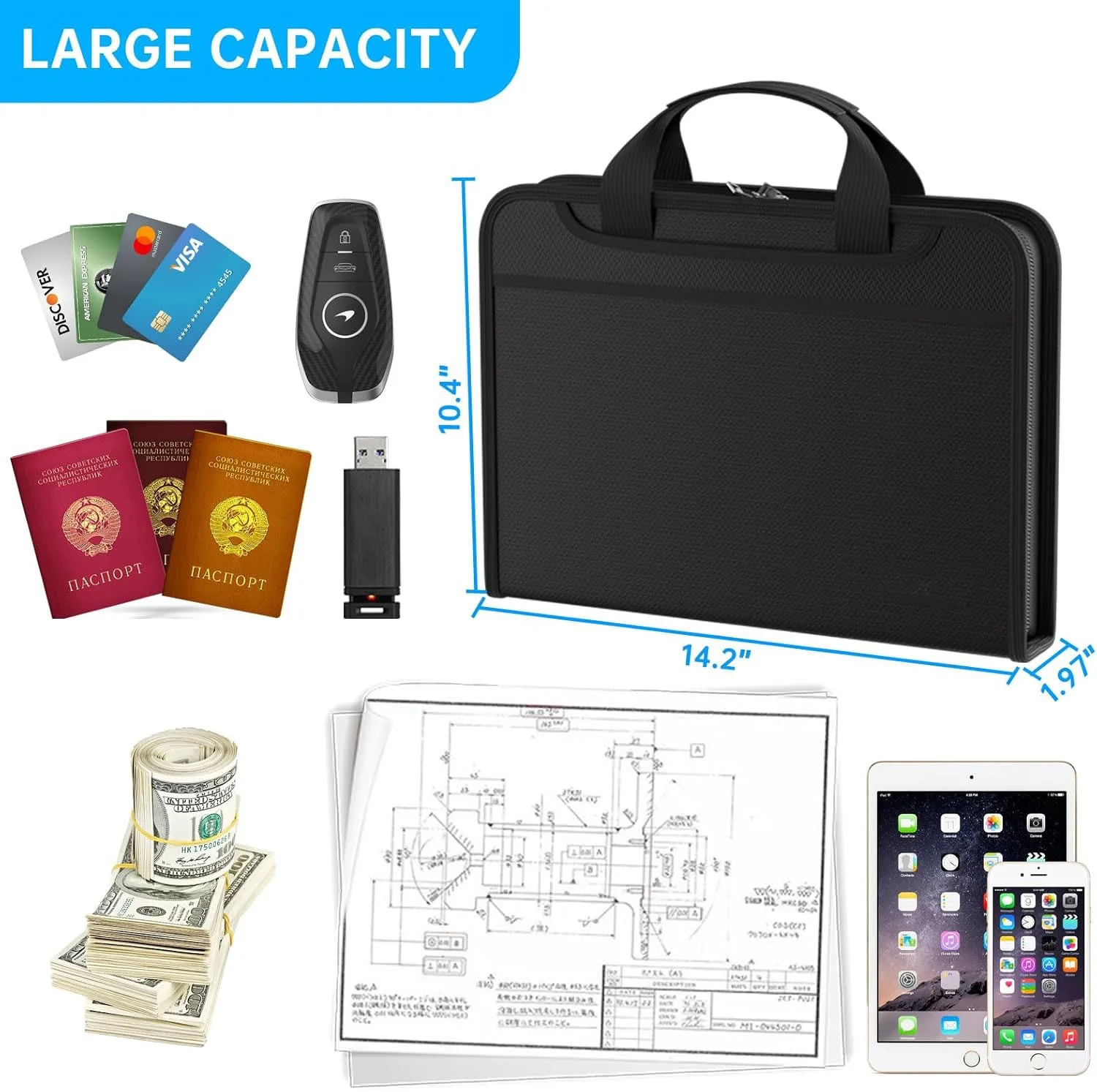 Makeasy Accordion File Organizer Fireproof Organizer Bag 13 Pocket Expanding File Folder Portable Safe Storage for Certificates