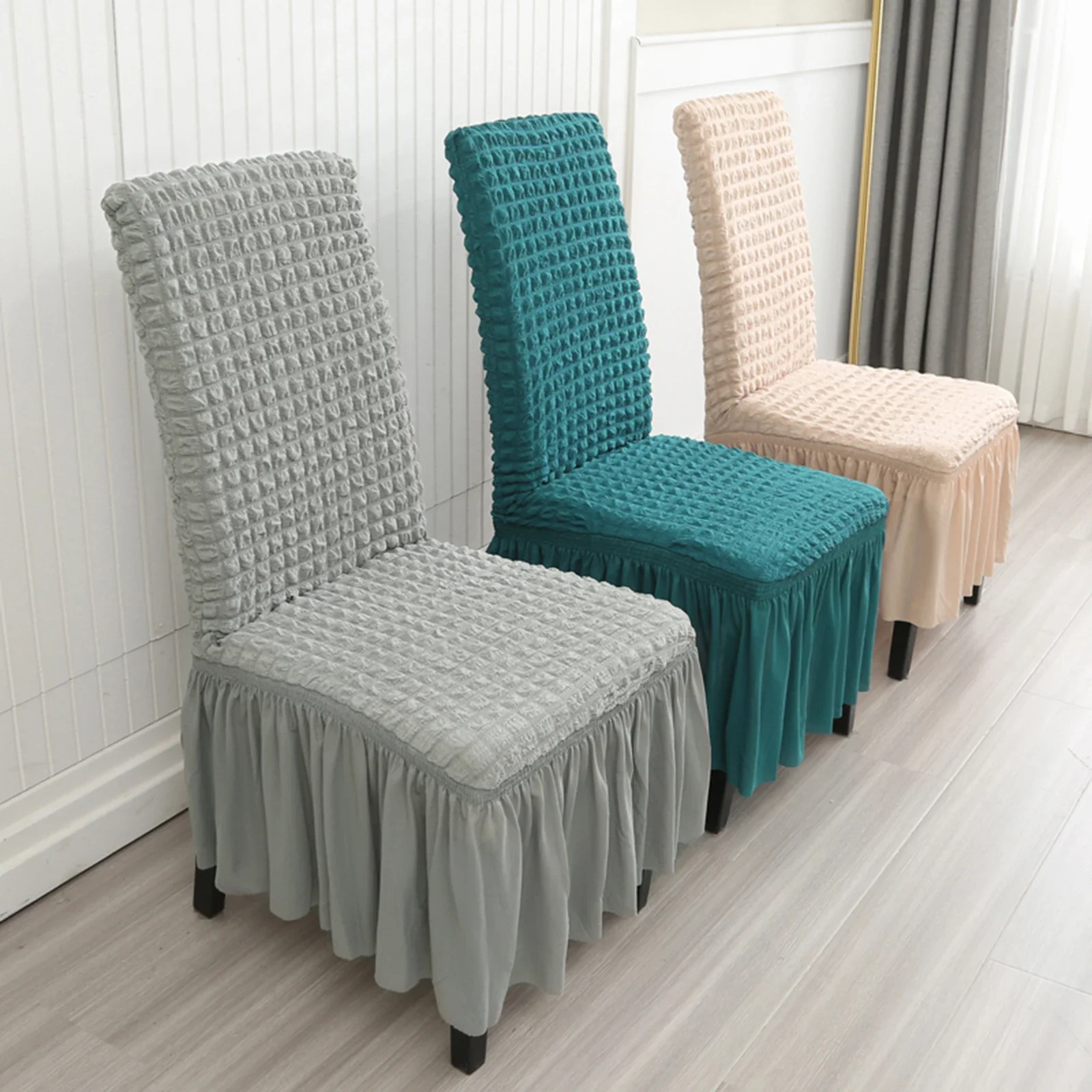 Dining Chair Covers Solid Bubble Stretch Chair Slipcover with Skirt Gauze Textured High Chairs Protector Banquet Dining Party