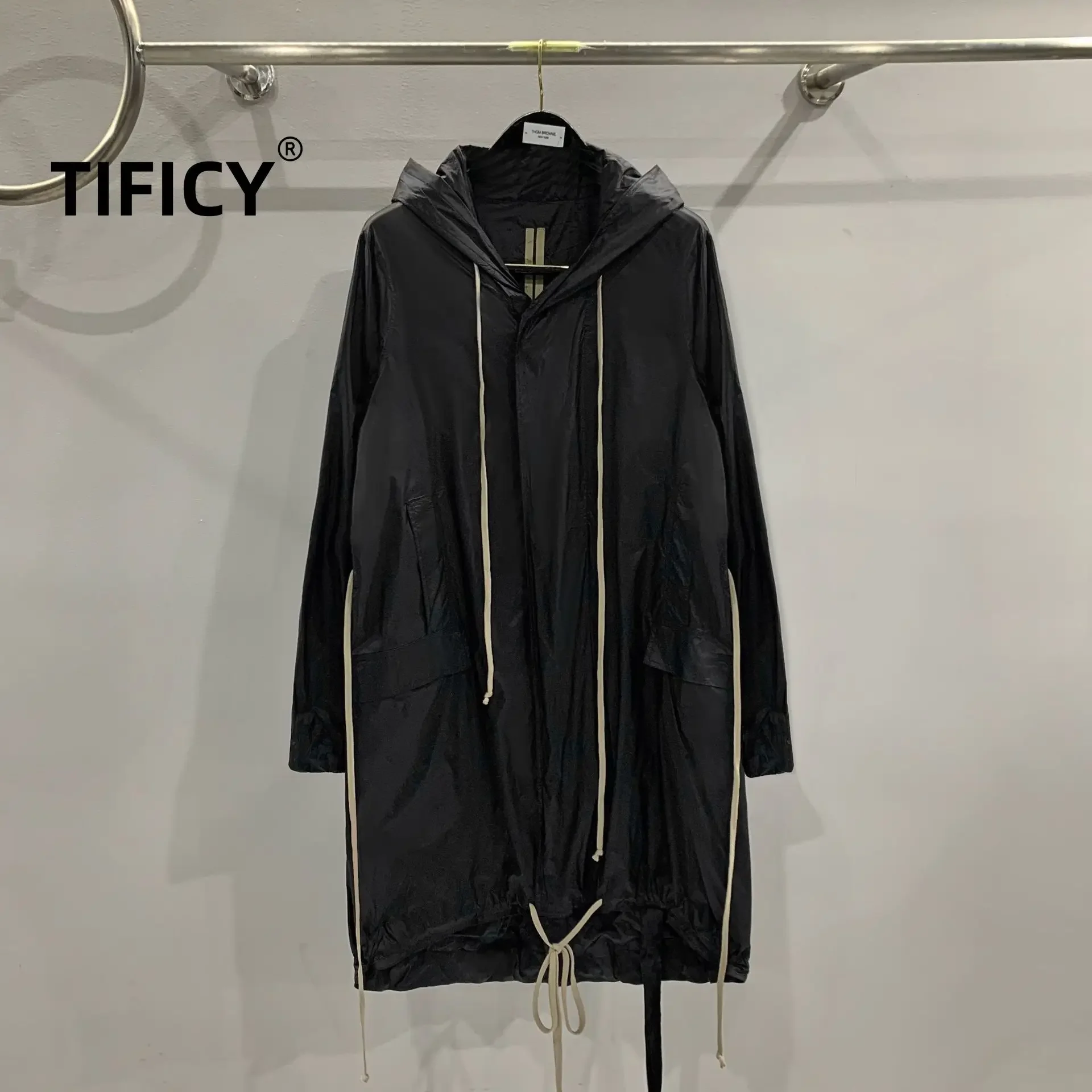 

TIFICY High Street Hoodies Coats Men's Hooded Casual Thin Zipper Black Loose Side Seam Pocket Solid Color Trench Coat