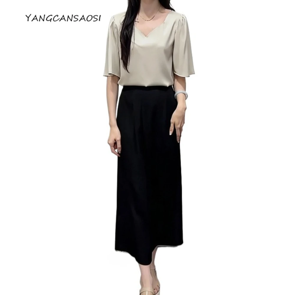 

Women's Casual Spring New High Waist Drop 93% Natural Mulberry Silk Black Elastic Double Qiao Satin High Waist A-line Skirt