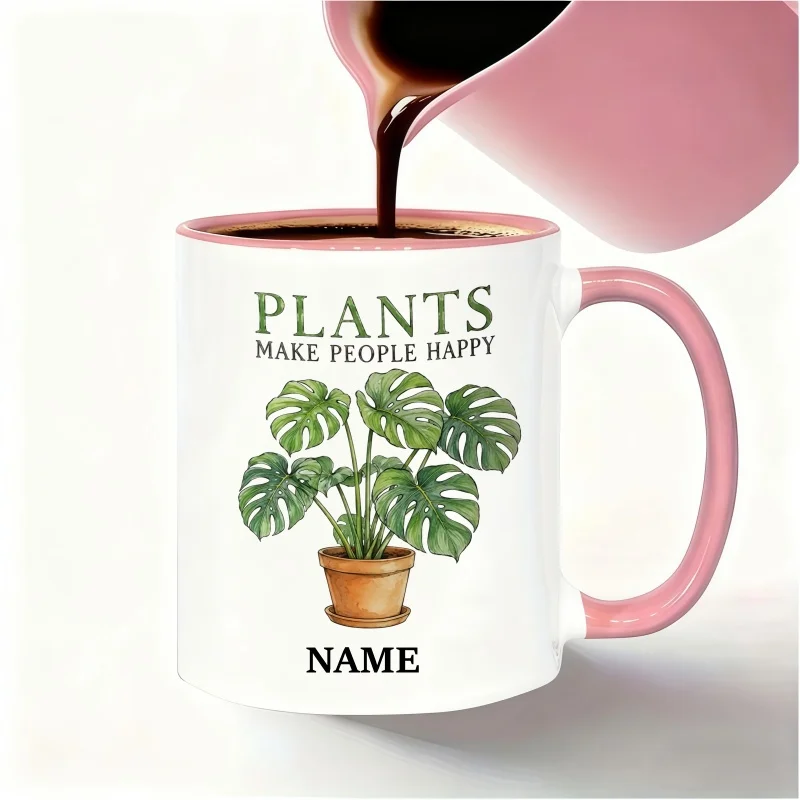 Custom Name Coffee Mug with Monstera Plant Illustration - Perfect Holiday and Birthday Gift - Personalized Ceramic Mug