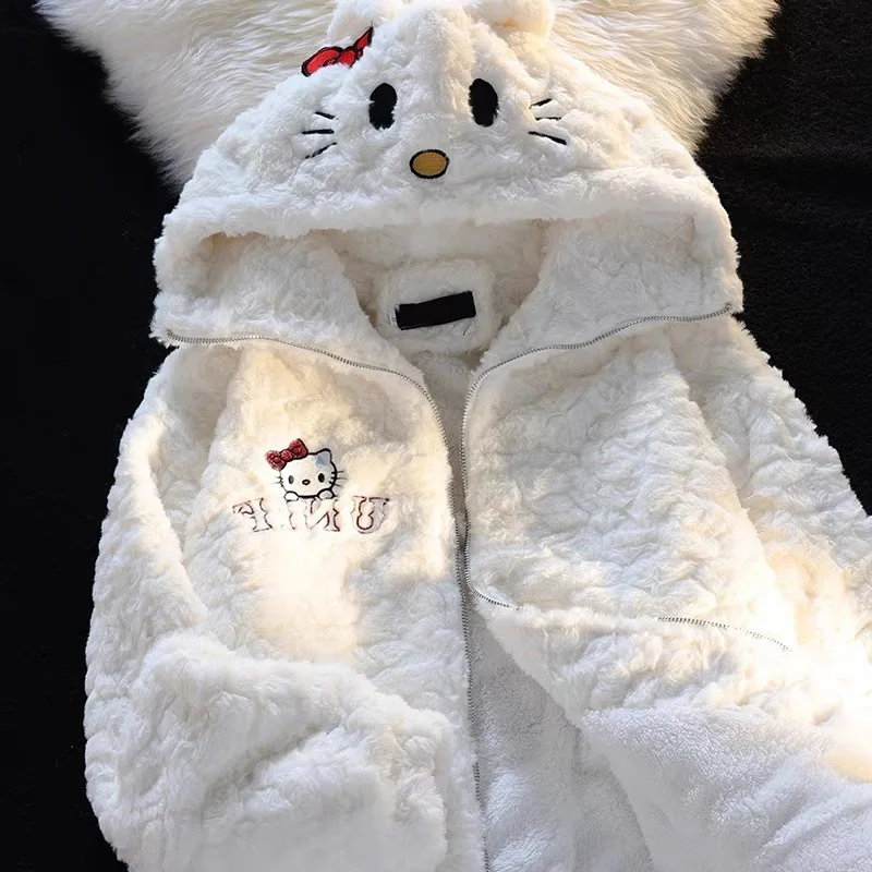 Manteau d'hiver en coton Hello Kitty pour femme, fourrure d'agneau, veste à glissière en fourrure, optique en peluche, haut mignon, cadeau de Noël et d'anniversaire, nouveau