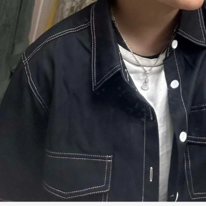 Harajuku Vintage Y2K Streetwear Contrast Stitched Men's Summer Breathable Casual Work Shirt With Pockets Loose Daily Wear 2026