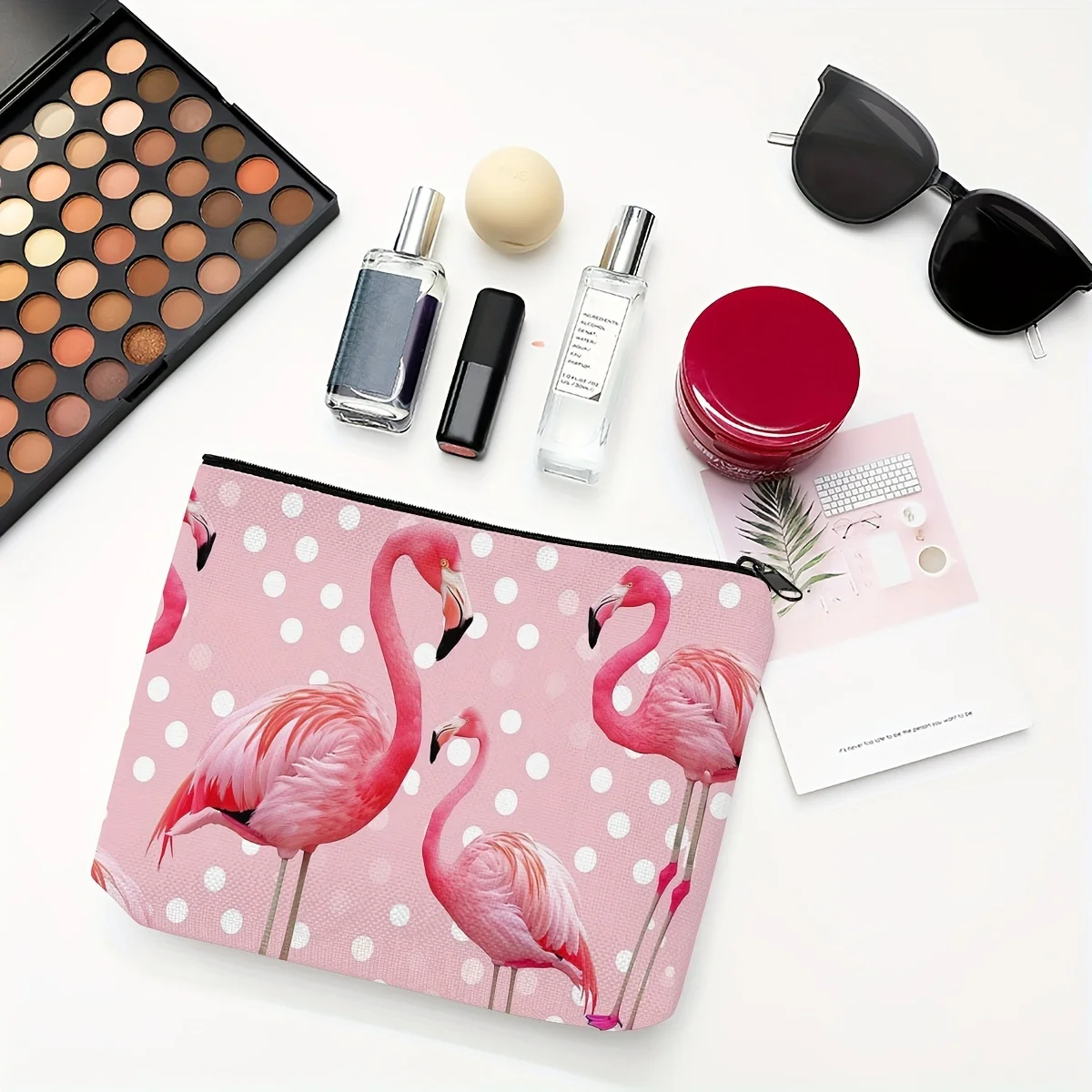 حقيبة مكياج فلامنغو الوردية اللطيفة بسحاب حقيبة مستحضرات تجميل قابلة للطي، حقيبة تخزين متعددة الوظائف هدية للنساء حقائب أدوات الزينة