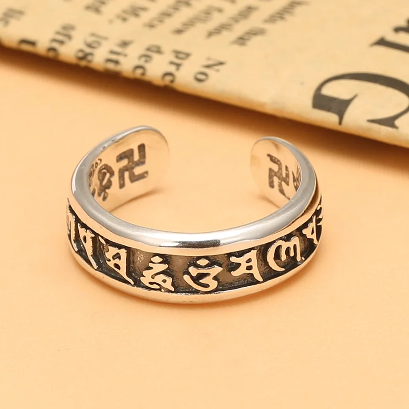 

s925 sterling silver ornament Thai silver distressed ring six words mantra ten thousand words open ring personalized tail ring