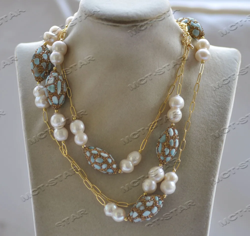 

Z12611 52" 30mm Blue Aquamarine Shuttle White Double Pearl Chain Necklace