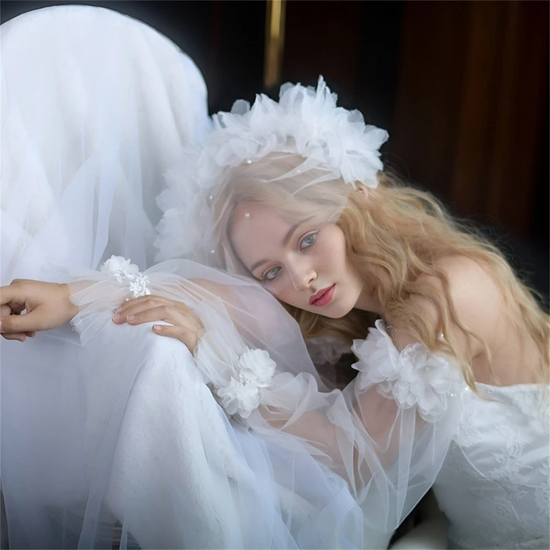 Nabijane ćwiekami obręcz do włosów kwiatowa chusta na głowę welon ślubny dla nowożeńców szalik nakrywający głowę biały