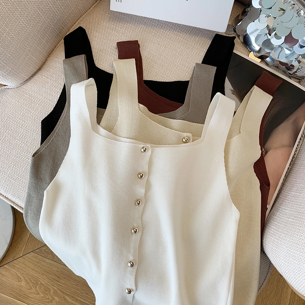 2027 New Summer Square Neck Knit Waistcoat for Women Sleeveless Gold Button Front Sweater Vest Top Spring Crop Top