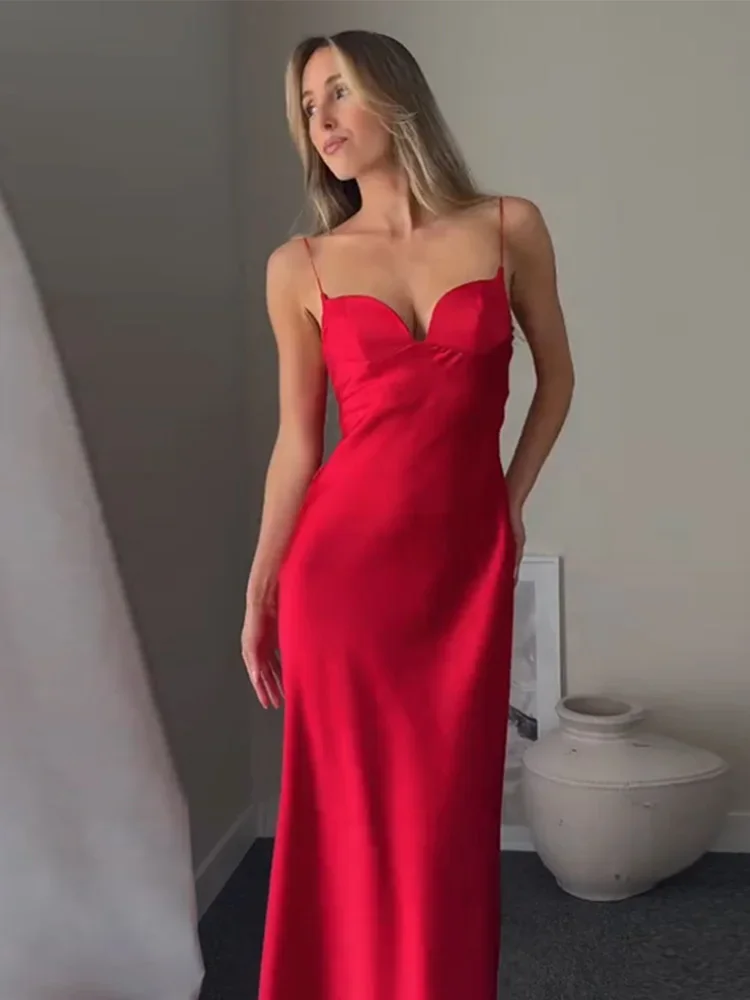 فستان نسائي طويل مثير من الساتان بياقة مربعة سادة بدون أكمام وظهر مكشوف فساتين صيفية للسيدات للحفلات المسائية #2