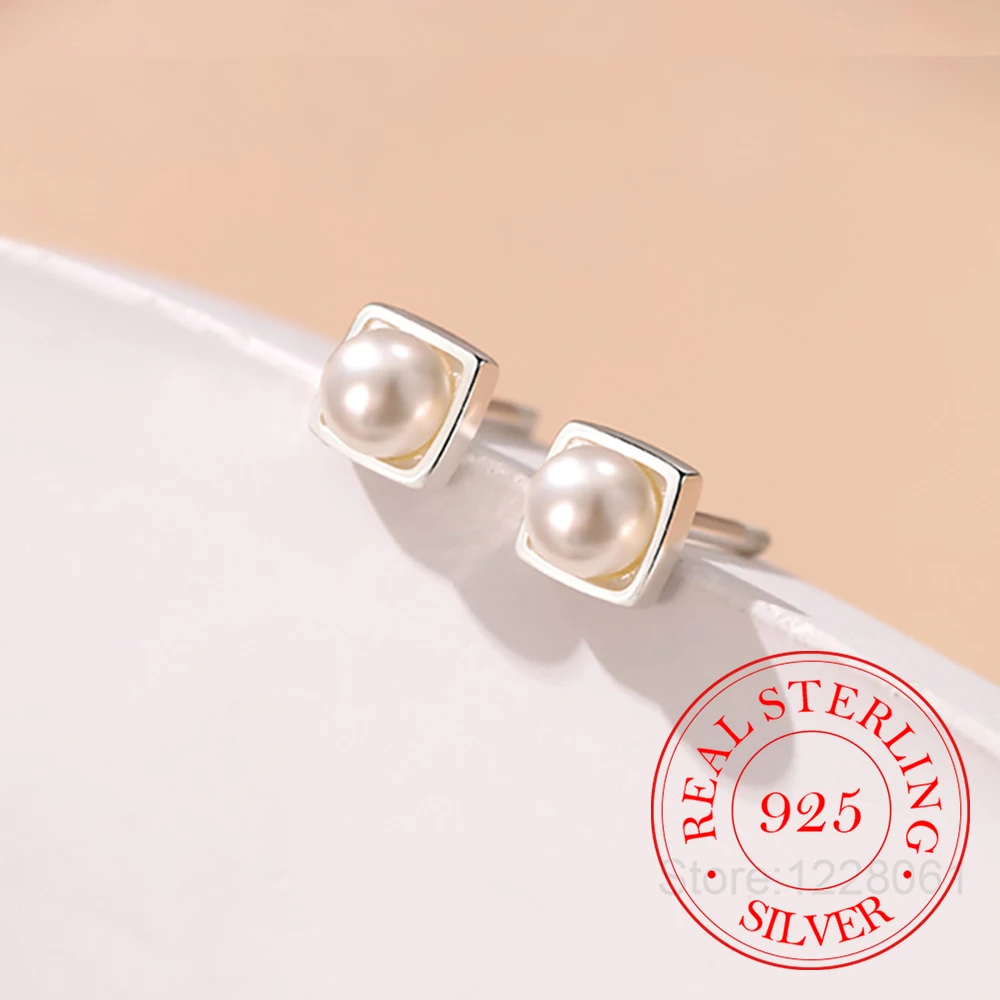 

925 Sterling Silver Geometric Square Pearl Stud Earrings For Woman Christmas Gifts Piercing Jewelry Aretes De Mujer Party Gifts