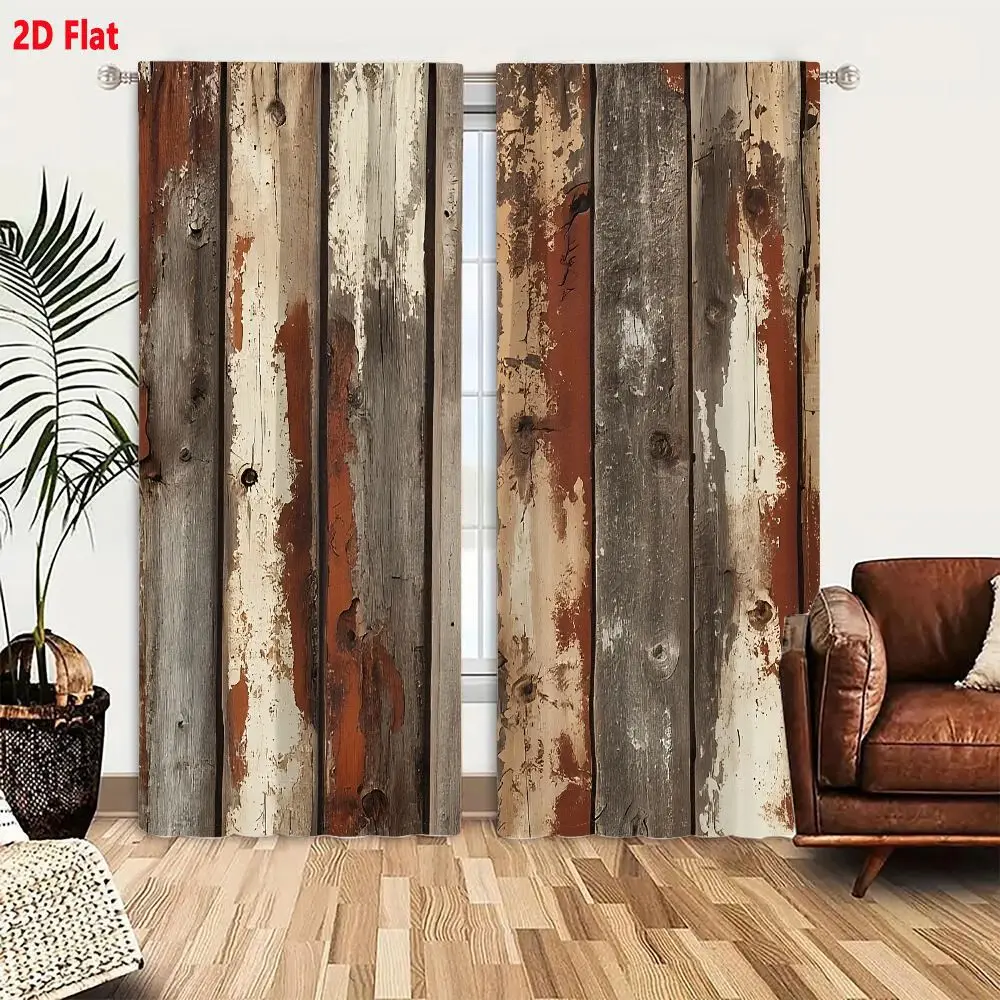 2Pcs Curtains 2D Flat Rustic Weathered Vertical Wooden Planks With Peeling Faded White And Off-white Paint Revealing Reddish-bro