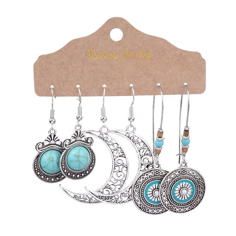 Retro Ethnic Metal Earrings Women\'s 3 Pairs Set Water Droplet Shaped Silver Color Carved Indian Earrings Bohemian Ears Jewelry