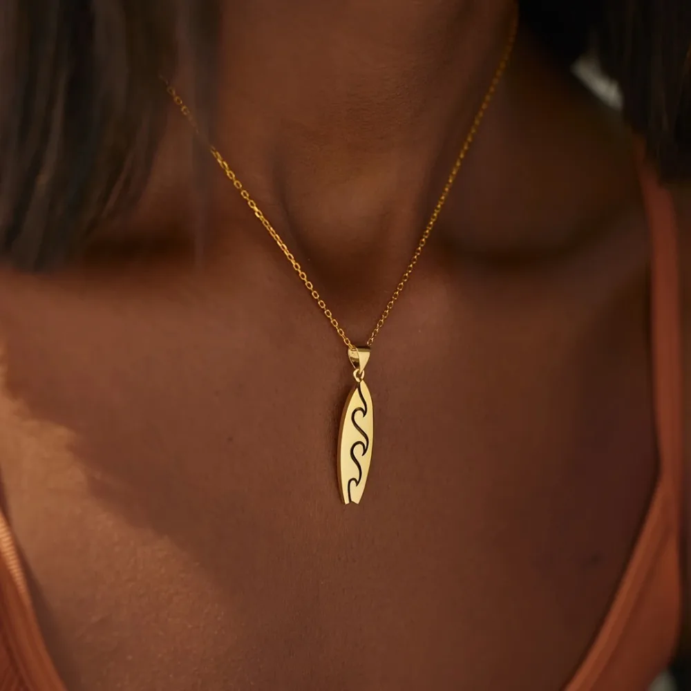 Creative Exquisite Gold Color Stainless Steel Wave-carved Surfboard Pendant Necklace for Women Personality Sports Party Jewelry