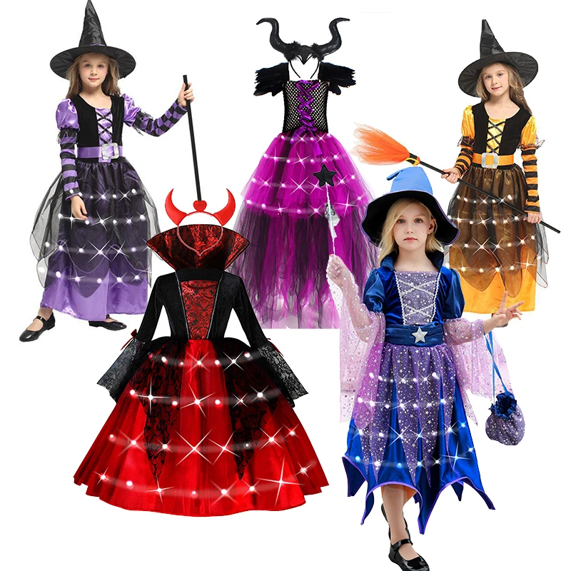 

LED Light Up Girls Purple Witch Costume Set Glow Halloween Birthday Party Fancy Dress with Mesh Details Witch Hat & Broom