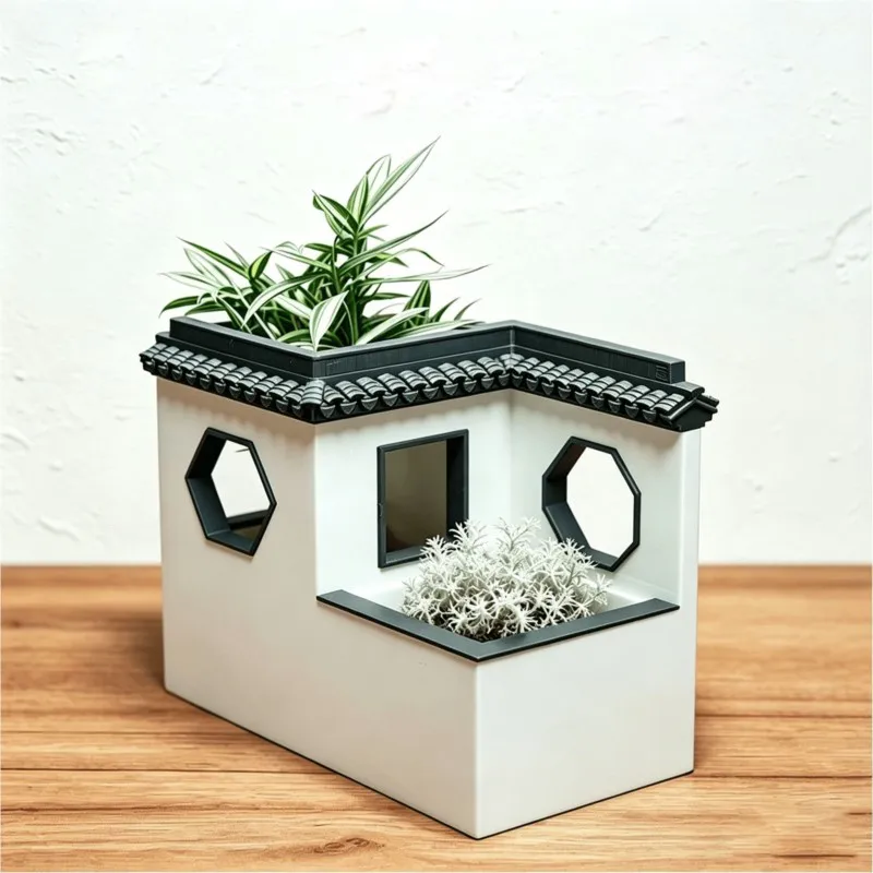 Chinese Huizhou Style Architecture With Empty Windows Flower Pot Desktop Micro Landscape   3D Printed Plant Flower Pots ZI868