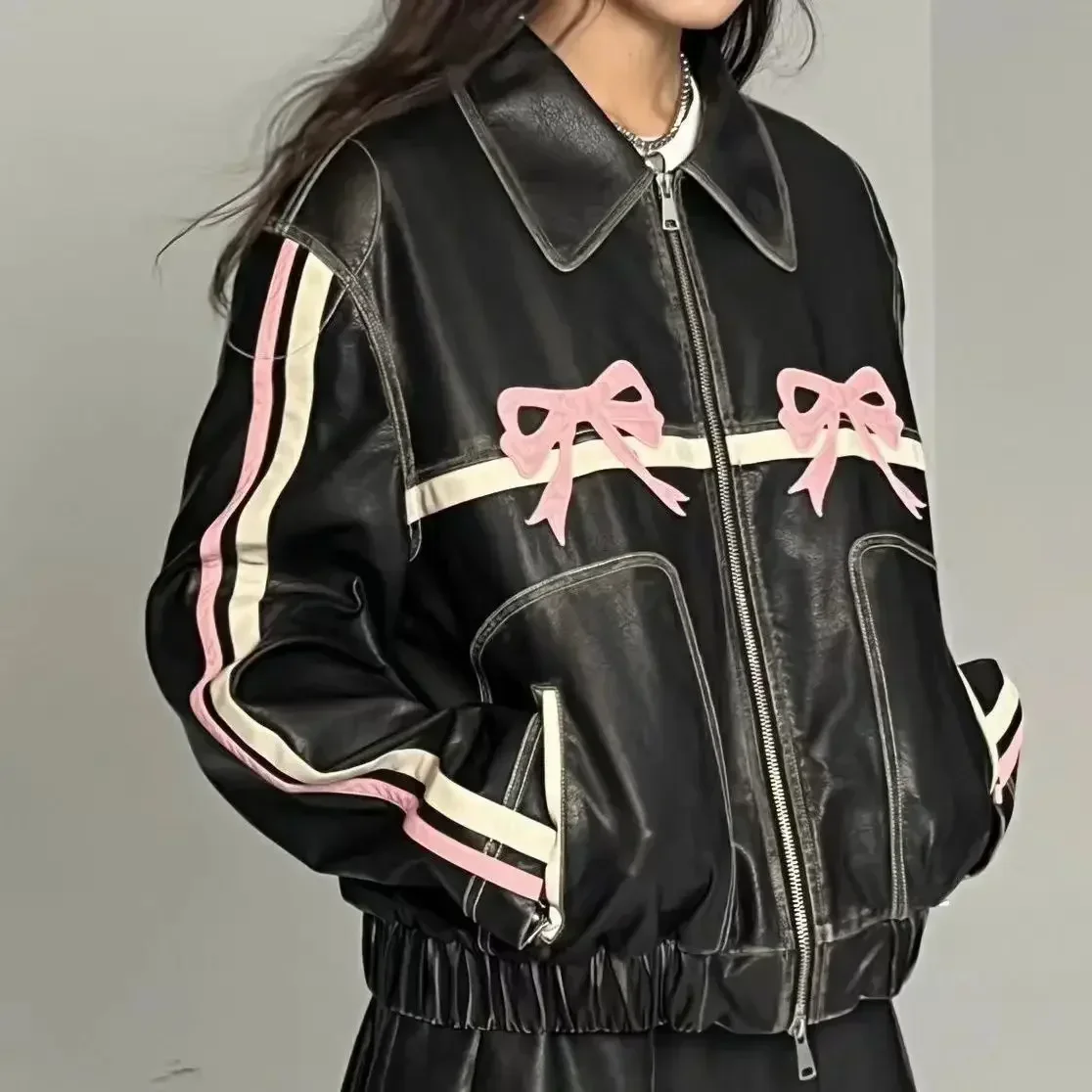 Ropa Mujer Harajuku Jackets for Women Streetwear Vintage Oversized Outwear Korean Y2k Clothes Fashion Bow Casual PU Coat