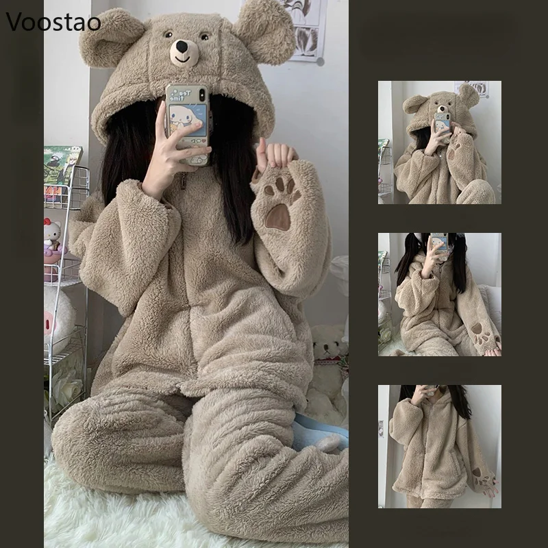 Autumn Winter Sweet Lolita Style Pajama Sets Women Kawaii Bear Ear Hooded Coral Fleece Warm Sleepwear Girls Cute Home Nightwear