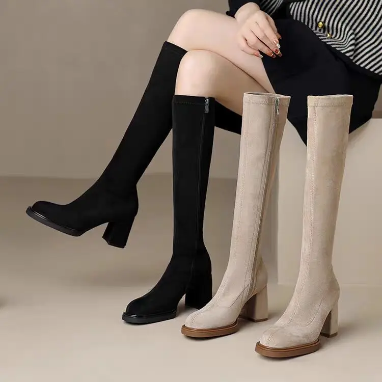 Flock Over The Knee Women Boots Stretch Fabrics High Heels Slip On Shoes Pointed Toe Woman Long Boots black khaki