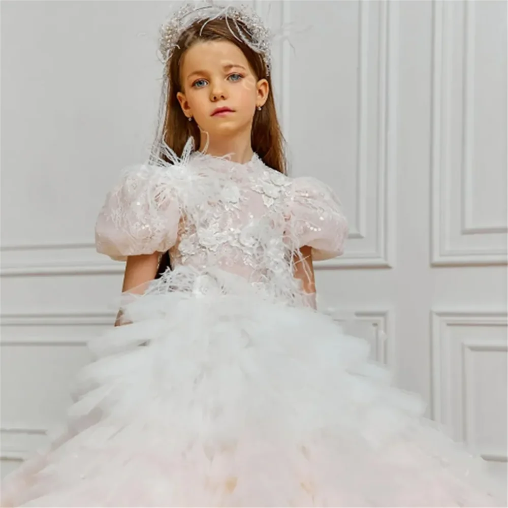 Gorgeous Tulle Lace Printing Layered Flower Girl Dress Princess Ball First Communion Dresses Kids Surprise Birthday Present