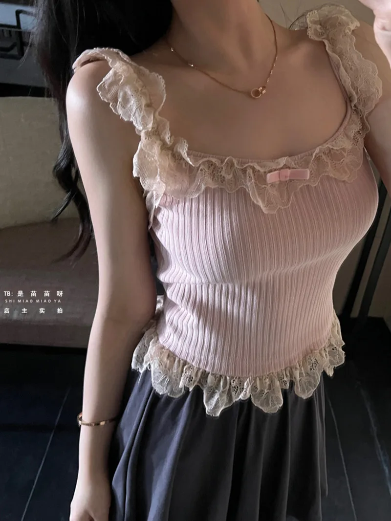 2024 Summer Lace Splicing Bow Square Neck Knit Sling Vest Gentle Color Soft Slim Vertical Stripes Thin Style Short Top 3T68