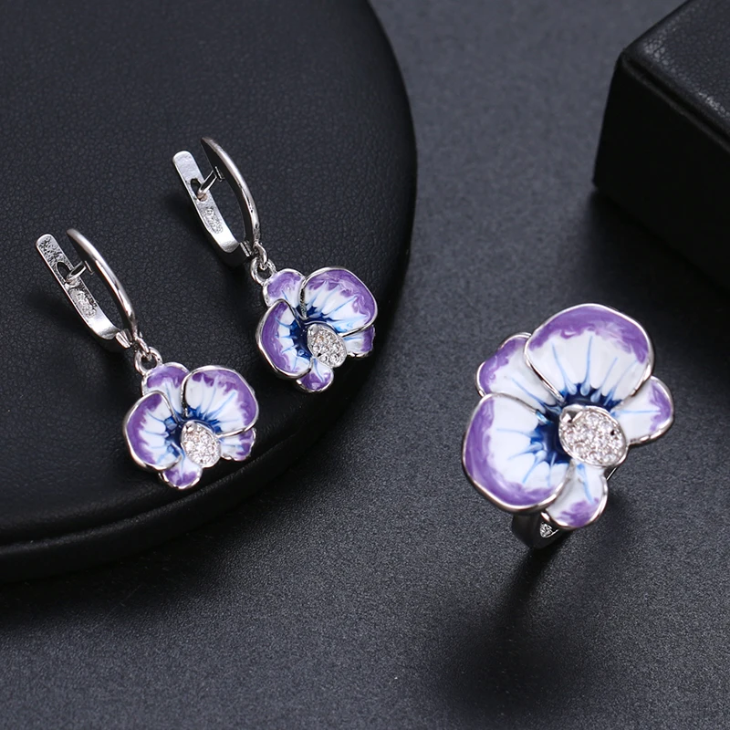 Silver Color Flower Jewelry Set for Women Enamel Silver Color Blue and White CZ Zirocn Ring Earrings Set Fashion Jewelry