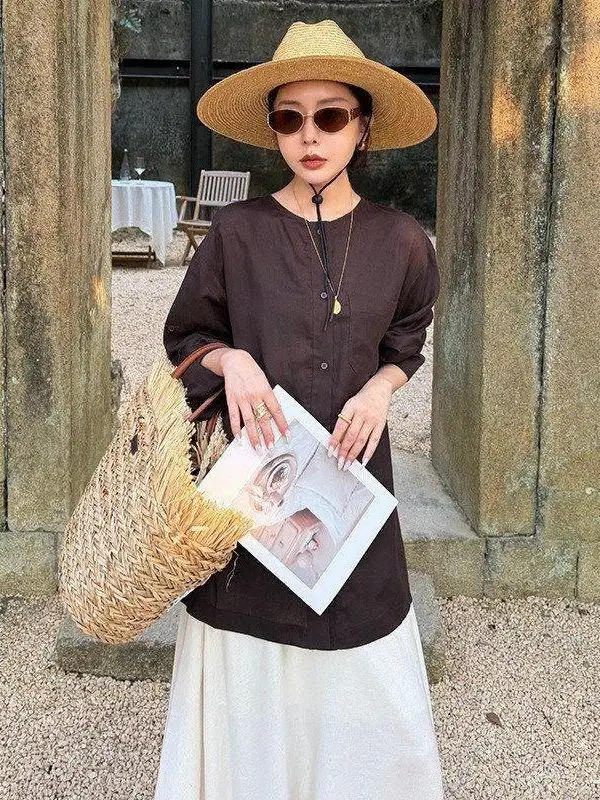 

Linen Long Sve round Ne irt Women's Thin New Spring Casual Sle Loose Fit Pure Color irt Comfortable Breathable