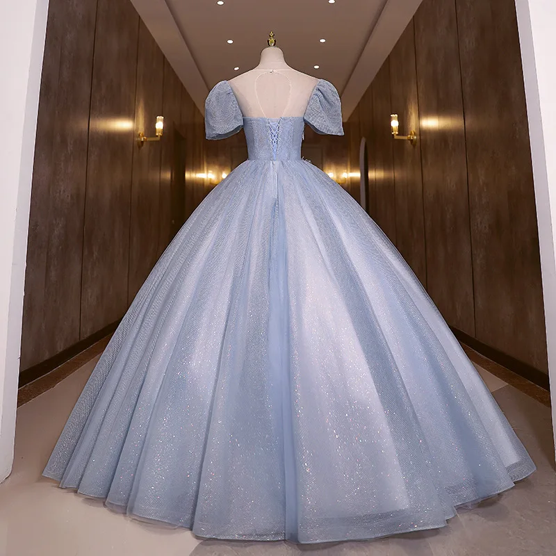 Robes de Quinceanera à manches courtes avec appliques en dentelle bleue, robe de soirée à paillettes de luxe, robe de Rhvintage, robe éducative, 15 ans