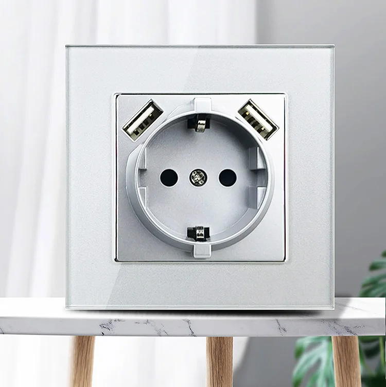 EU Socket with 2 USB Type A C Wallpad Silver Grey Crystal Glass 220V AC 16A German Russia Grey Electrical Power Wall Socket