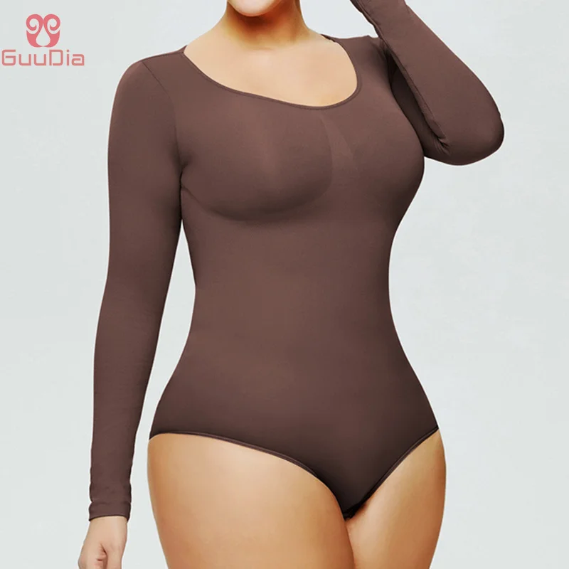 GUUDIA Scoop Neckline Snap Button Sexy Butt Line Long Sleeve Butt Lifting Tummy Control Jumpsuit Stretchy Shapewear Basic Shaper