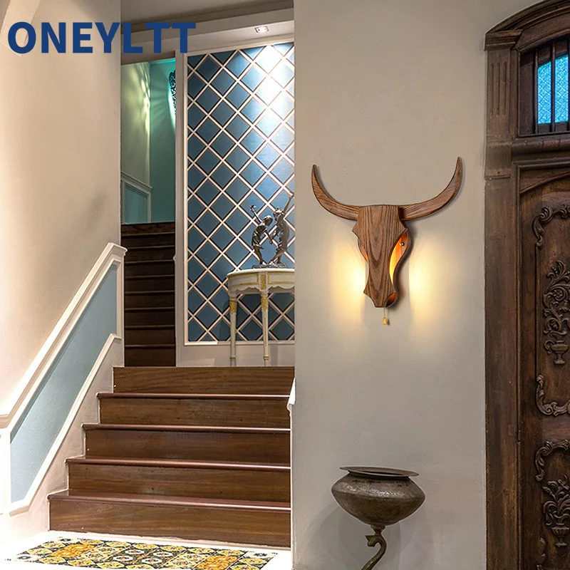 

New Chinese style solid wood LED corridor lights, creative cow head wall lights, hotel dining room living room wooden decoration